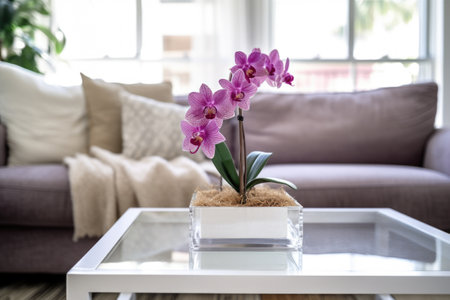 an orchid on a white coffee table, created with generative aiの素材