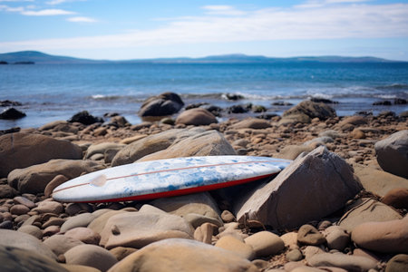 an unclaimed surfboard lying by the seaside, created with generative aiの素材