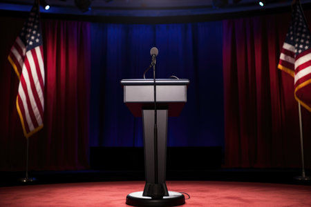 a microphone in front of an empty podium, created with generative aiの素材