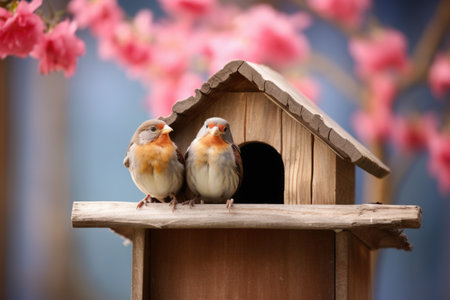 two birds perched on a shared birdhouse, created with generative aiの素材