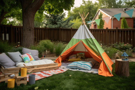outdoor-themed beddings with a camping play tent, created with generative aiの素材
