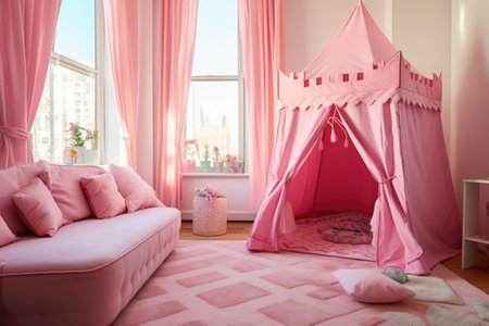 pink room with a princess castle play tent, created with generative aiの素材