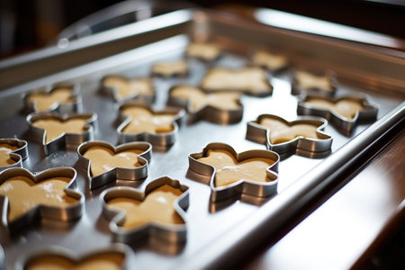 metal cookie cutters on a baking sheet, created with generative aiの素材
