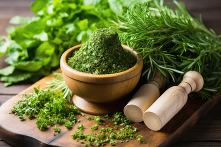 mortar and pestle with fresh herbs on a board, created with generative aiの素材