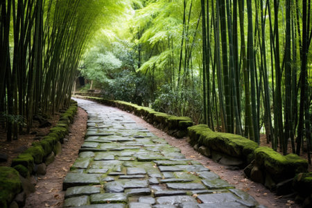 stone-paved path through a bamboo forest, created with generative aiの素材