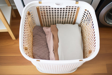 top view of a full laundry hamper, created with generative aiの素材