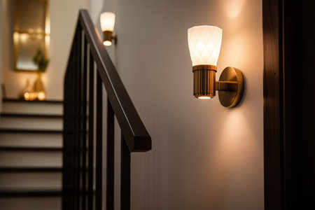 a trendy wall sconce lighting up an interior hallway, created with generative aiの素材