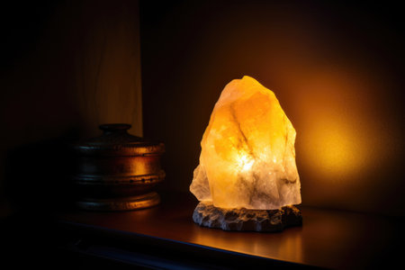 salt crystal lamp glowing in a dark room, created with generative aiの素材