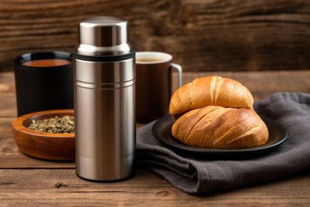 thermos flask with hot soup next to crusty bread roll, created with generative aiの素材