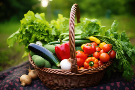 basket full of fresh harvested vegetables, created with generative aiの素材