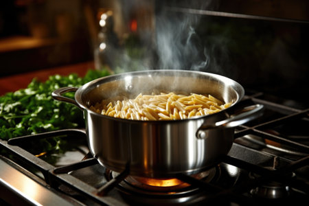 a pot filled with boiling pasta on a shiny stove, created with generative aiの素材