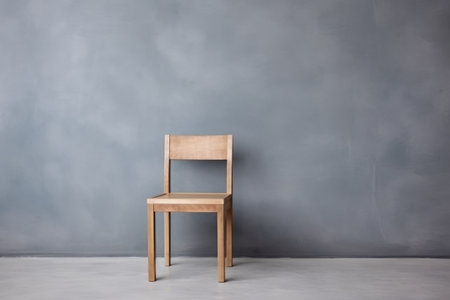 simple wooden chair against a blank gray wall, created with generative aiの素材