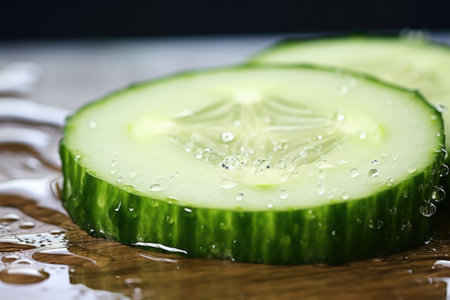 slice of cucumber on board with water droplets around, created with generative aiの素材