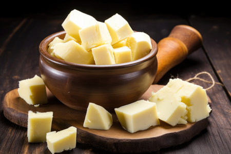 shea butter chunks in a rustic bowl on wooden background, created with generative aiの素材