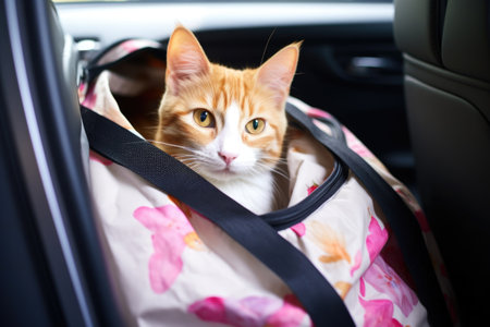 cat carrier bag on the passenger seat in a car, created with generative aiの素材