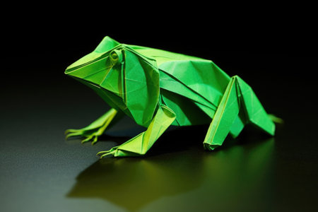 macro shot of an origami frog made with vibrant green paper, created with generative aiの素材