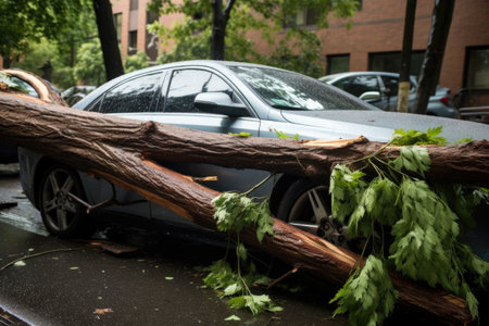 tree fell over a car due to storm, created with generative aiの素材