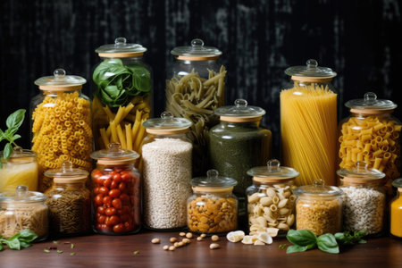 clear glass jars filled with different types of pasta, created with generative aiの素材