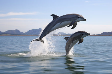 a pair of dolphins teaching their young to leap, created with generative aiの素材