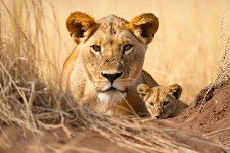 lioness protecting cubs in the savanna, created with generative aiの素材