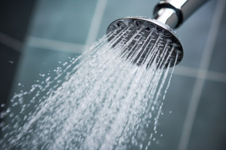 closeup of water streaming from a showerhead, created with generative aiの素材