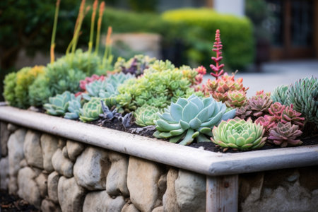 stone-built raised bed with assortment of succulents, created with generative aiの素材