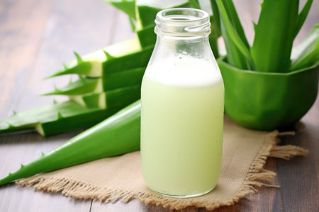 frosted bottle with aloe vera juice with aloe plant in the background, created with generative aiの素材