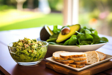avocado salad with toasted bread in background, created with generative aiの素材