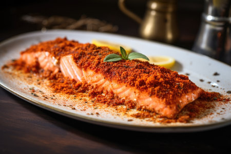 salmon fillet with powdery smoked paprika on top, created with generative aiの素材