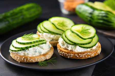 bagel with cream cheese and sliced cucumber, created with generative aiの素材