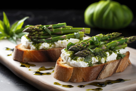 asparagus tips and cream cheese on bruschetta, created with generative aiの素材