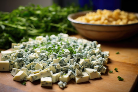 heap of blue cheese on unbaked bruschetta, ready for oven, created with generative aiの素材