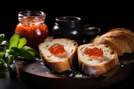 rustic bread prepared for caviar bruschetta against a dark background, created with generative aiの素材