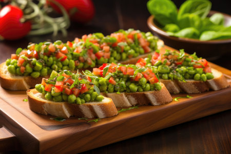 edamame bruschetta displayed on a rectangular wooden tray, created with generative aiの素材