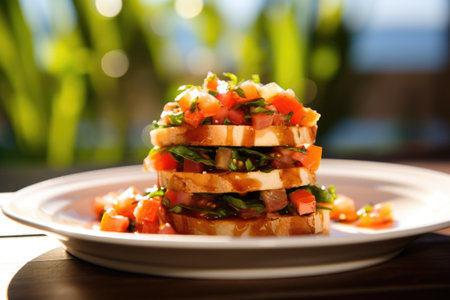 sunlit profile image of bruschetta stack on a plate, created with generative aiの素材