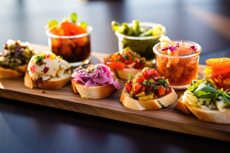diverse selection of bruschetta with several pickled vegetables, created with generative aiの素材