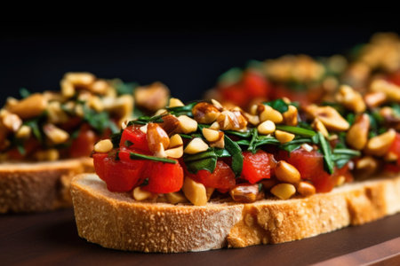 macro shot of pine nuts sitting on a piece of bruschetta, created with generative aiの素材