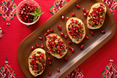 overhead shot of bruschetta with pomegranate seeds on a red tablecloth, created with generative aiの素材