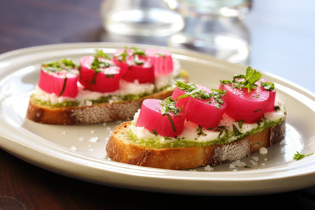 a pair of radish bruschettas on a glass plate, created with generative aiの素材