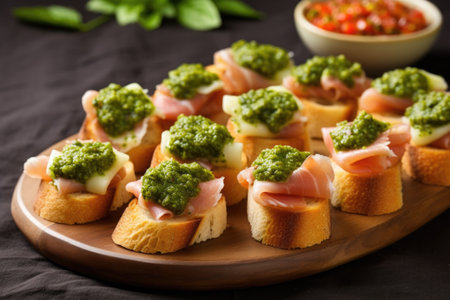 mini bruschettas with serrano ham and green pesto, created with generative aiの素材