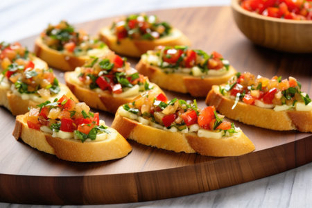 row of gouda bruschettas on a bamboo serving platter, created with generative aiの素材