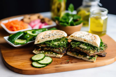 zaatar bruschetta sandwich, cucumber slices, and pickles on table, created with generative aiの素材