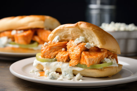 a buffalo chicken sandwich served on a toasted bun, created with generative aiの素材