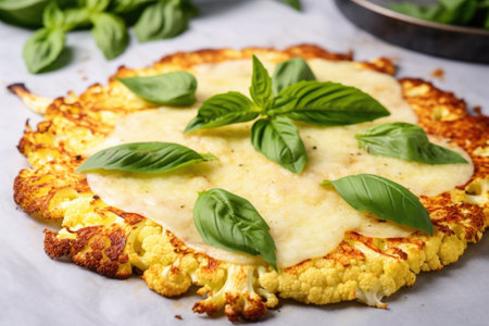 cauliflower pizza nestled among fresh basil leaves, created with generative aiの素材