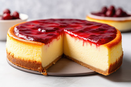 a cheesecake with missing slice, created with generative aiの素材