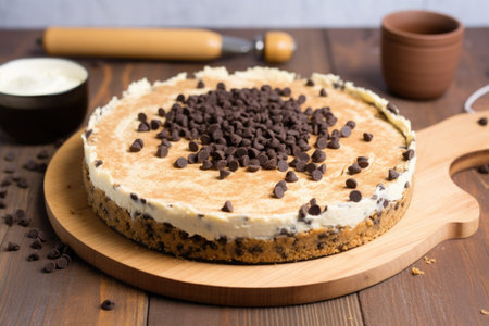 chocolate chip cookie dough cheesecake on a brown chopping board, created with generative aiの素材