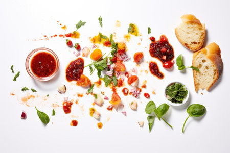 deconstructed bruschetta, ingredients artistically scattered on white surface, created with generative aiの素材