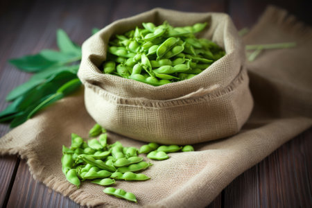 edamame in a rustic burlap sack on table, created with generative aiの素材