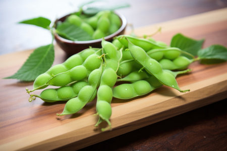 photo of edamame on wooden board, created with generative aiの素材
