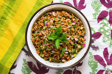 a top-down view of farro salad with a printed fabric background, created with generative aiの素材